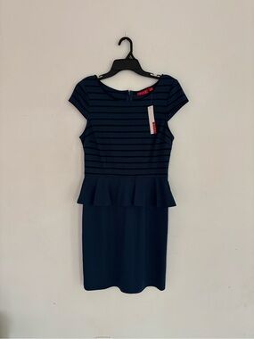 NWT ELLE Blue Black Striped Peplum Dress M